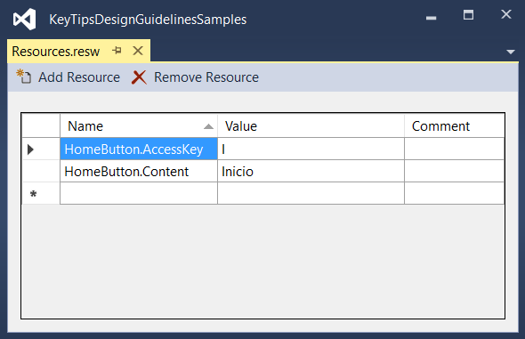 Especifique la propiedad AccessKey especificada en el archivo resources.resw.