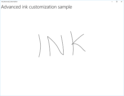 Screenshot of the Advances ink customization sample app showing the inkcanvas with default black ink strokes.