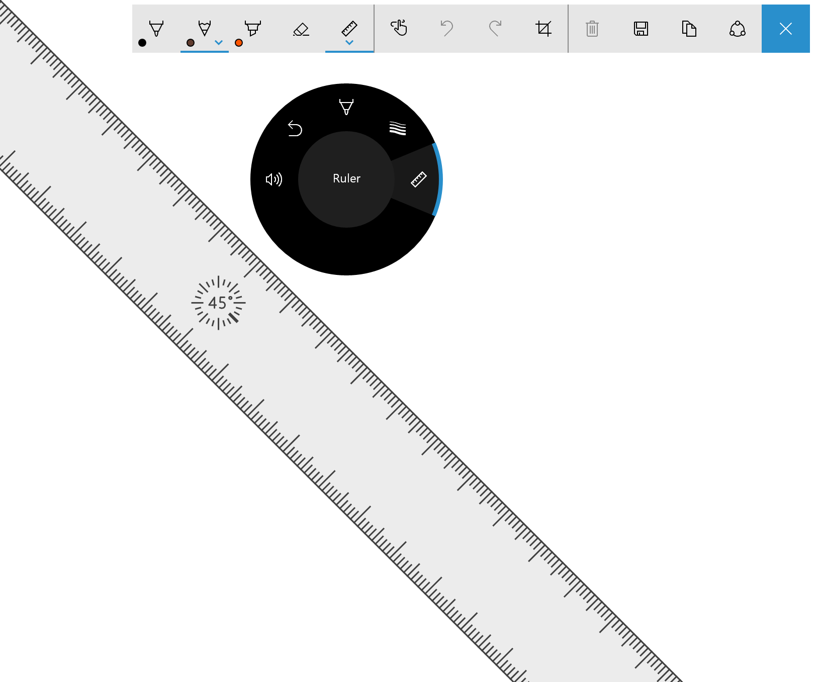 Menú de Surface Dial con la herramienta de regla para la barra de herramientas de Windows Ink