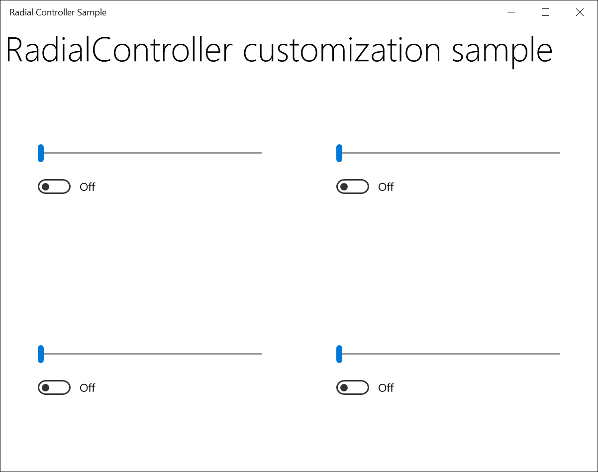 Captura de pantalla del ejemplo de controlador radial con cuatro controles deslizantes horizontales establecidos a la izquierda.