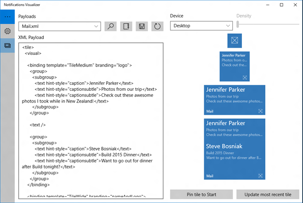 captura de pantalla del editor de la aplicación Notifications Visualizer con código e iconos