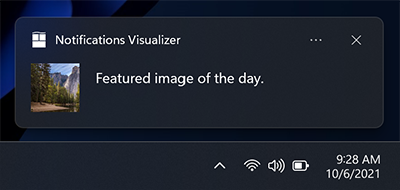 Captura de pantalla de una notificación de aplicación que muestra la posición de la imagen de reemplazo del logotipo de la aplicación en un cuadrado en el lado izquierdo del área visual de la notificación.