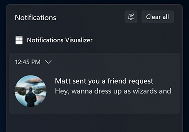 Captura de pantalla de una notificación en el Centro de notificaciones con una marca de tiempo personalizada