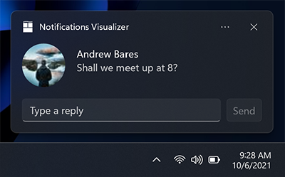 Captura de pantalla de una notificación del sistema con una imagen de perfil y algunas líneas de texto. Se incluye un cuadro de texto para escribir directamente en la notificación del sistema, así como un botón para enviar la respuesta.