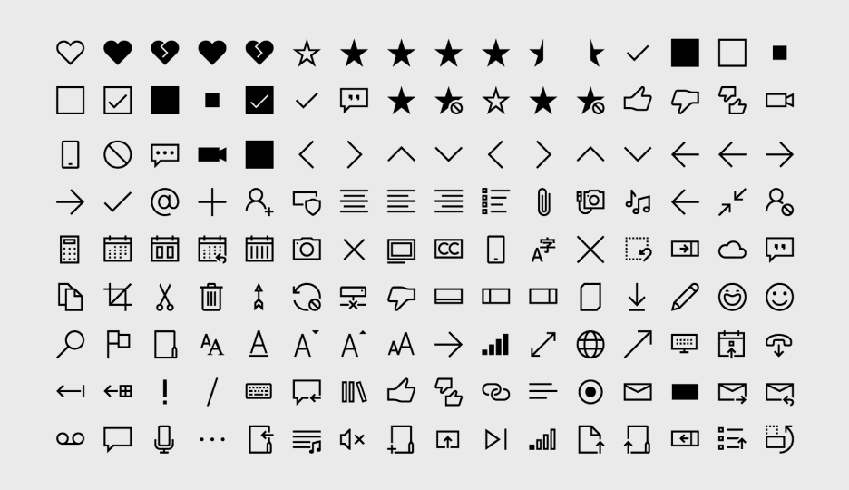 Captura de pantalla que muestra un gran grupo de iconos de Segoe predefinidos.