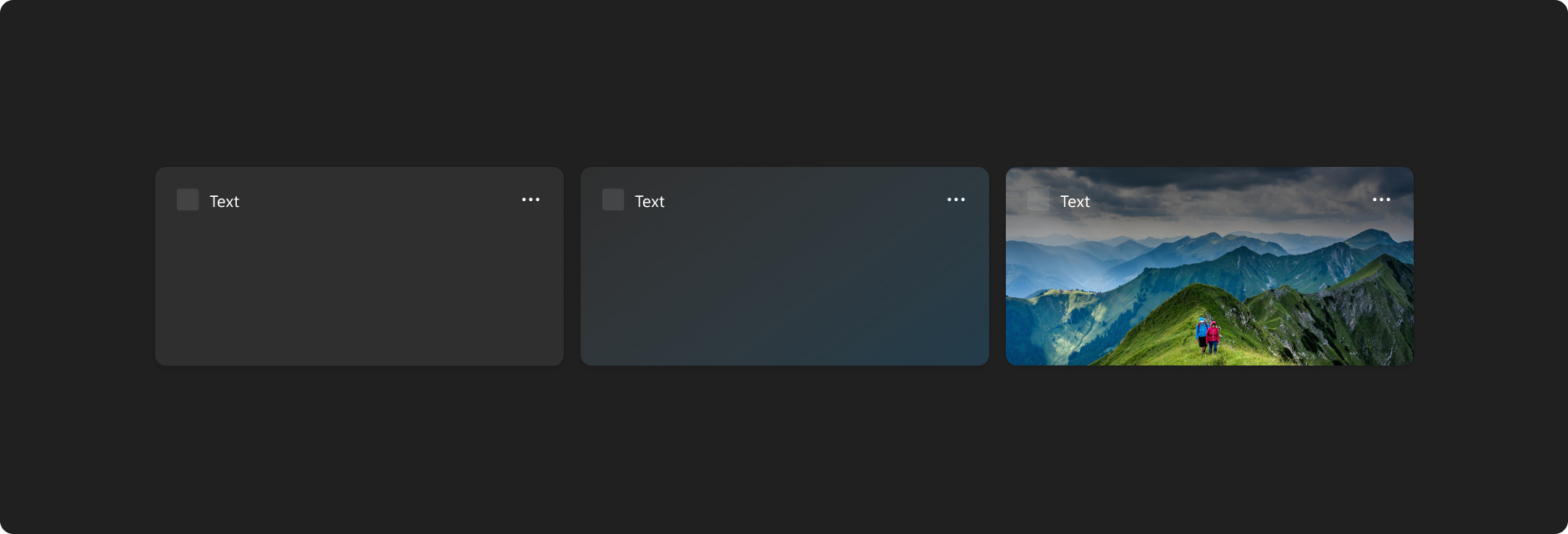 Three example widget templates demonstrating the dark theme. The first is an empty widget with a black backgroud. The second is an empty widget with a dark gradient background. The third is a widget with an image background. All three have the word 
