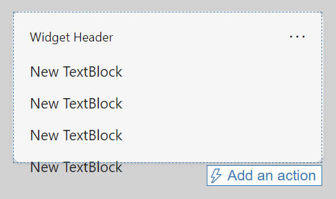 Una tarjeta adaptable en curso. Muestra un widget con cuatro líneas que contienen el texto New TextBlock. Las cuatro líneas de texto desbordan el borde inferior del widget.
