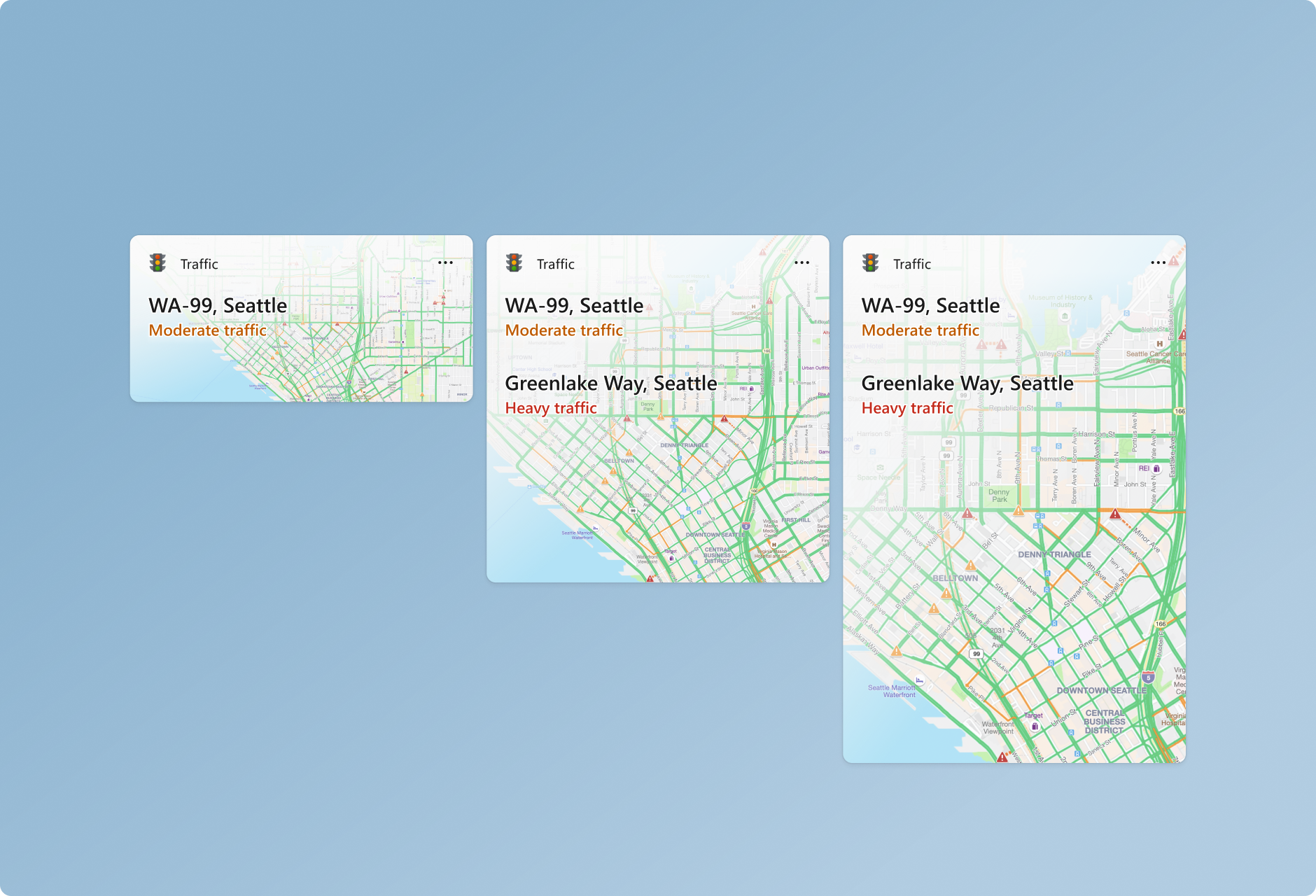 A screenshot showing examples of small, medium, and large sizes for a traffic widget.
