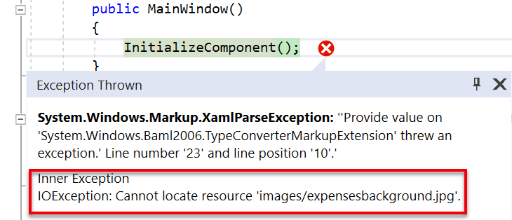 Excepción mostrada en Visual Studio