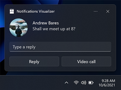 Captura de pantalla de una notificación de aplicación que muestra una línea de texto, un cuadro de texto y una fila con dos botones con la etiqueta 