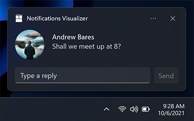 Captura de pantalla de una notificación de aplicación con una imagen de perfil y algunas líneas de texto. Se incluye un cuadro de texto para escribir directamente en la notificación, así como un botón para enviar la respuesta.