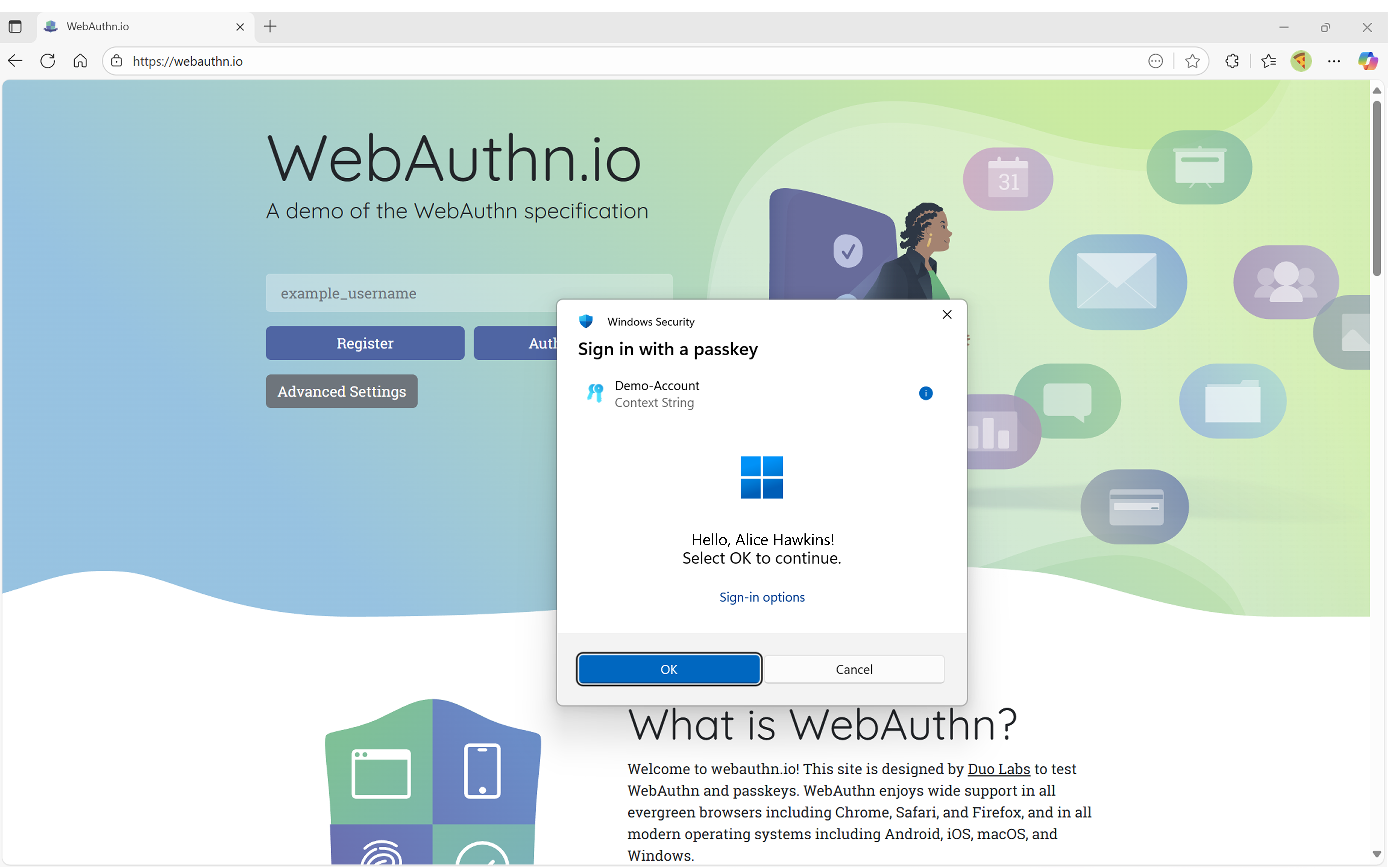 Captura de pantalla de la autenticación con una clave de acceso de Contoso Passkey Manager