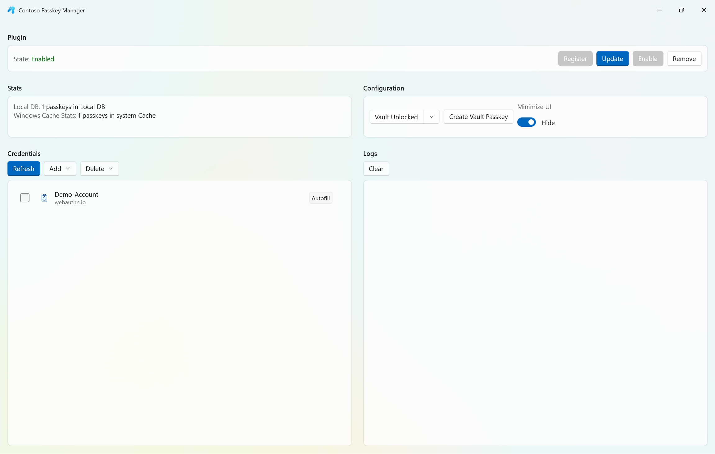 captura de pantalla de Contoso Passkey Manager con una clave de paso guardada en la aplicación