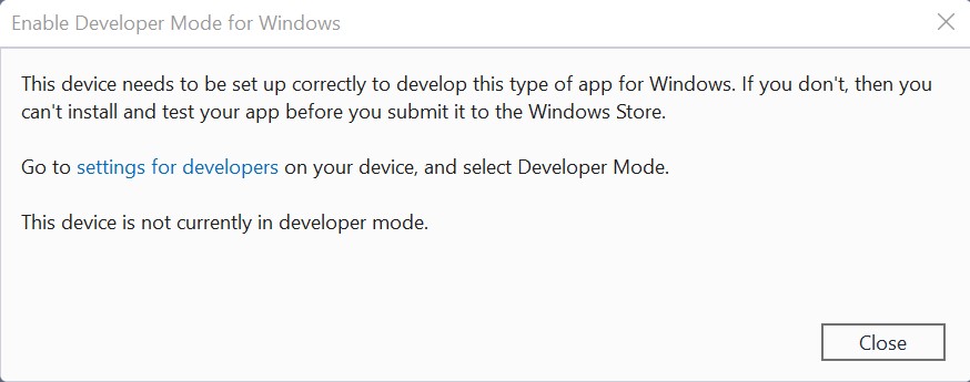 Enable Developer Mode dialog