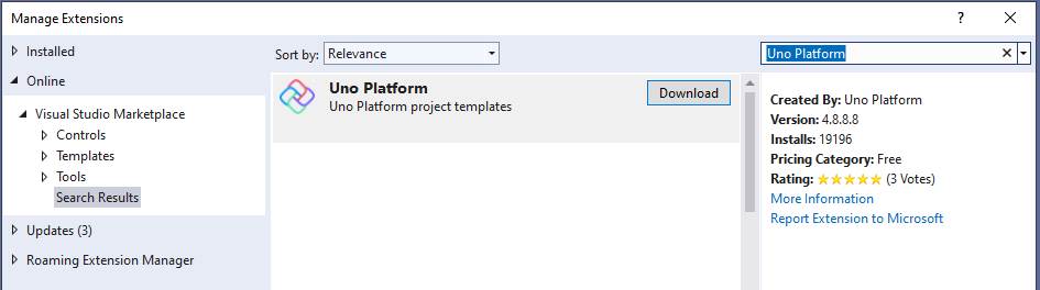 Captura de pantalla de la ventana Administrar extensiones en Visual Studio con la extensión Uno Platform como un resultado de búsqueda.