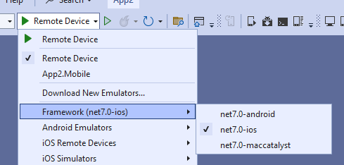 Captura de pantalla del menú desplegable de Visual Studio para seleccionar un marco de destino a implementar.