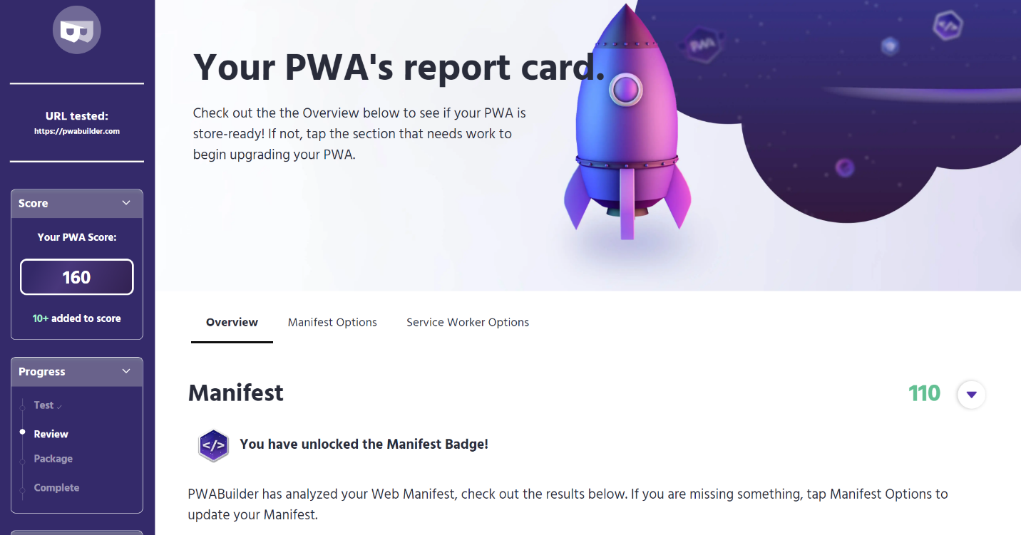 Una tarjeta de informe de PWA de ejemplo
