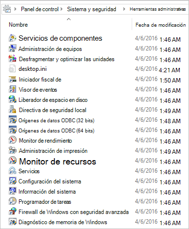 Captura de pantalla del contenido de la carpeta Herramientas administrativas en Windows 10.