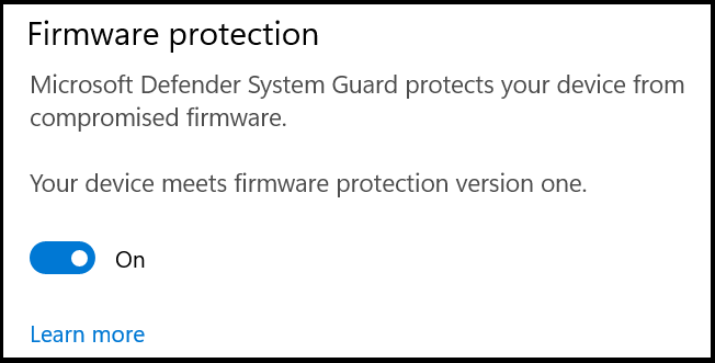 La configuración protección del firmware de Defender, con una descripción de Windows Defender Protección del sistema protege el dispositivo frente a firmwares en peligro. La configuración se establece en Desactivado.