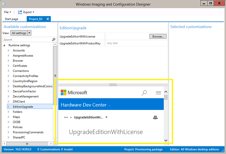 Configuración de Windows Designer abre el tema de referencia al seleccionar una configuración.