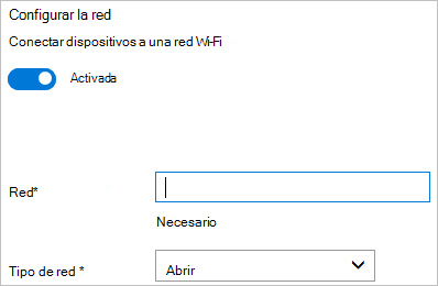 En el Windows Configuration Designer, active la conectividad inalámbrica, introduzca el SSID de la red y el tipo de red