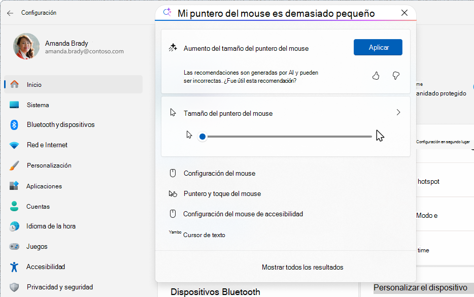 Captura de pantalla de Configuración que muestra el agente de búsqueda con una búsqueda de ejemplo.