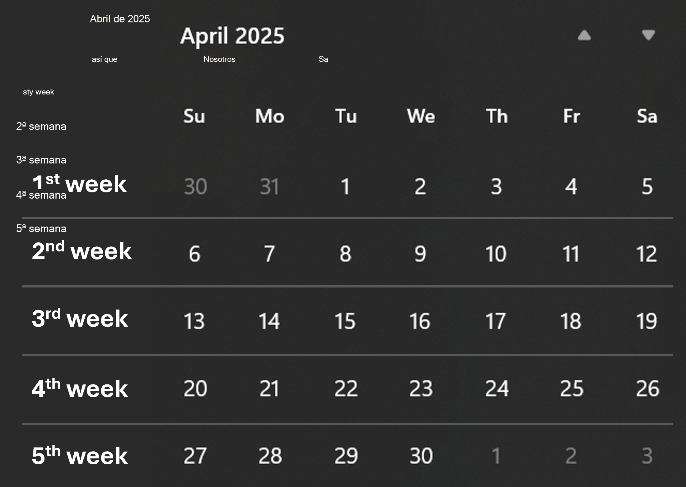 Captura de pantalla de un calendario que muestra cómo se cuentan las semanas.