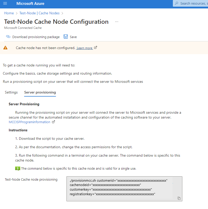 Captura de pantalla de la pestaña de aprovisionamiento de servidores dentro de la configuración del nodo de caché en Azure Portal.