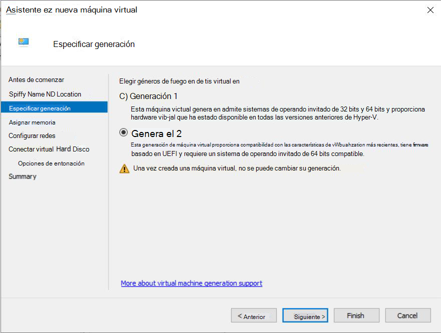 Captura de pantalla de la página Especificar generación en el Asistente para nueva máquina virtual de Hyper-V.