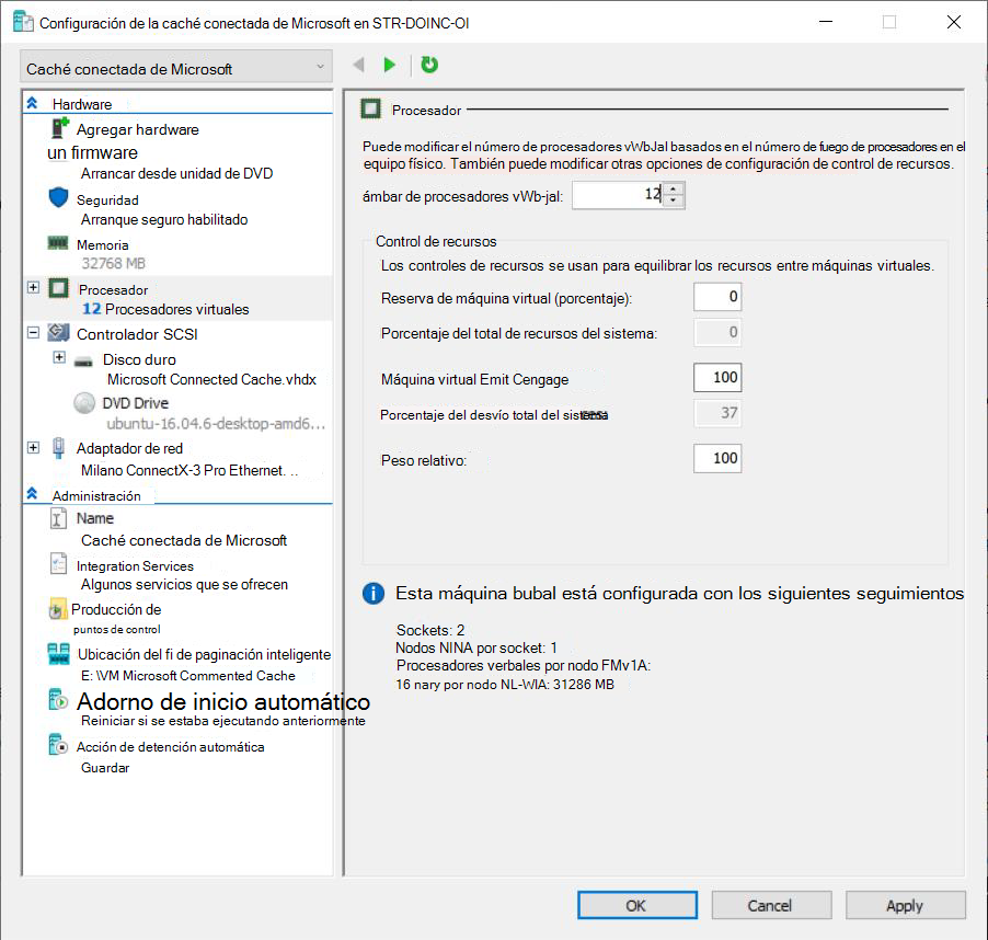 Captura de pantalla de la página del procesador de la configuración de la máquina virtual en el Administrador de Hyper-V.