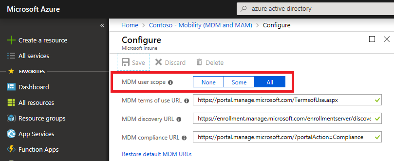 Configuración de la inscripción de MDM en Azure.