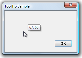 captura de pantalla de un cuadro de diálogo; Una información sobre herramientas muestra las coordenadas x e y del puntero del mouse