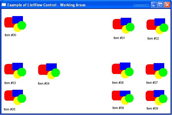 captura de pantalla de un control de vista de lista con un área de trabajo en cada cuadrante del área de cliente