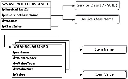 Diagrama que muestra la estructura, las subestructuras y los parámetros WSASERVICECLASSINFO que se aplican a espacios de nombres específicos.