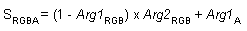 ecuación de la operación agregar color inverso modulado alfa (s(rgba) = (1 - arg1(rgb)) x arg2(rgb) + arg1(a))