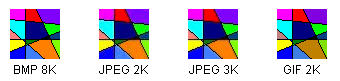 ilustración que compara un mapa de bits de un dibujo de línea con dos equivalentes jpeg y un gif; el gif conserva mejor el color y la nitidez de línea