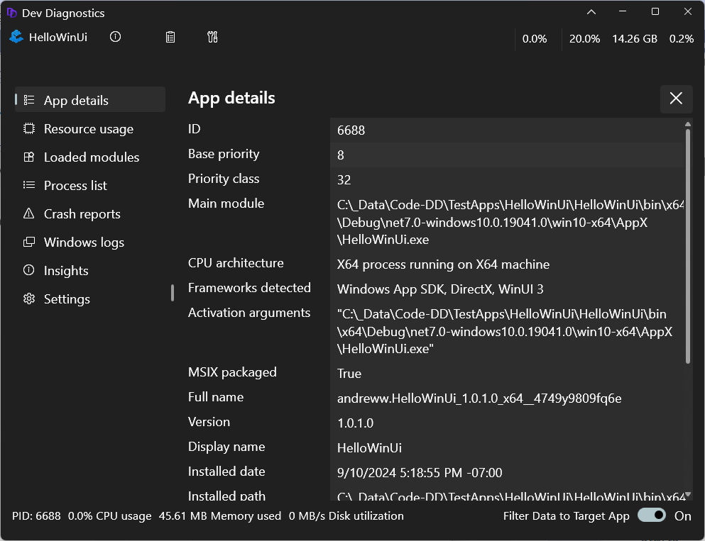Captura de pantalla de Inicio para desarrolladores página Detalles de la aplicación de diagnóstico de desarrollo.