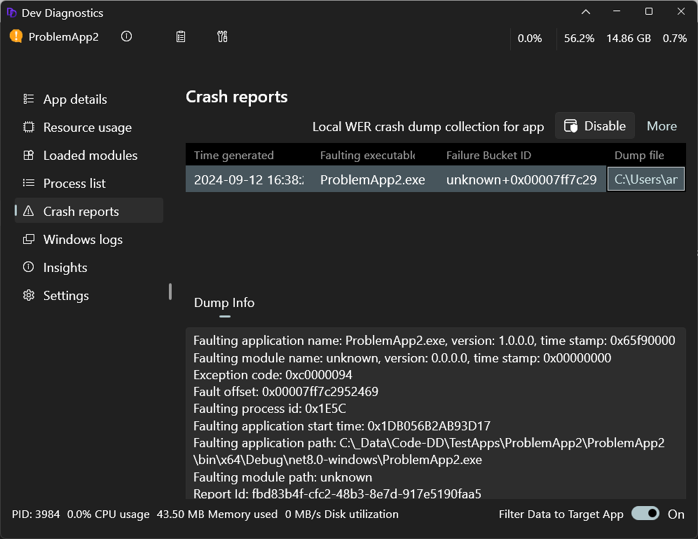 Captura de pantalla de Inicio para desarrolladores página repositorios de bloqueos de diagnóstico de desarrollo.