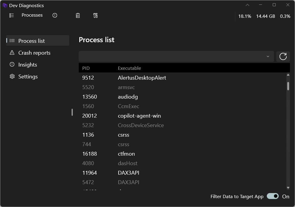 Captura de pantalla de Inicio para desarrolladores ventana expandida Diagnósticos de desarrollo que muestra la lista de procesos en ejecución.
