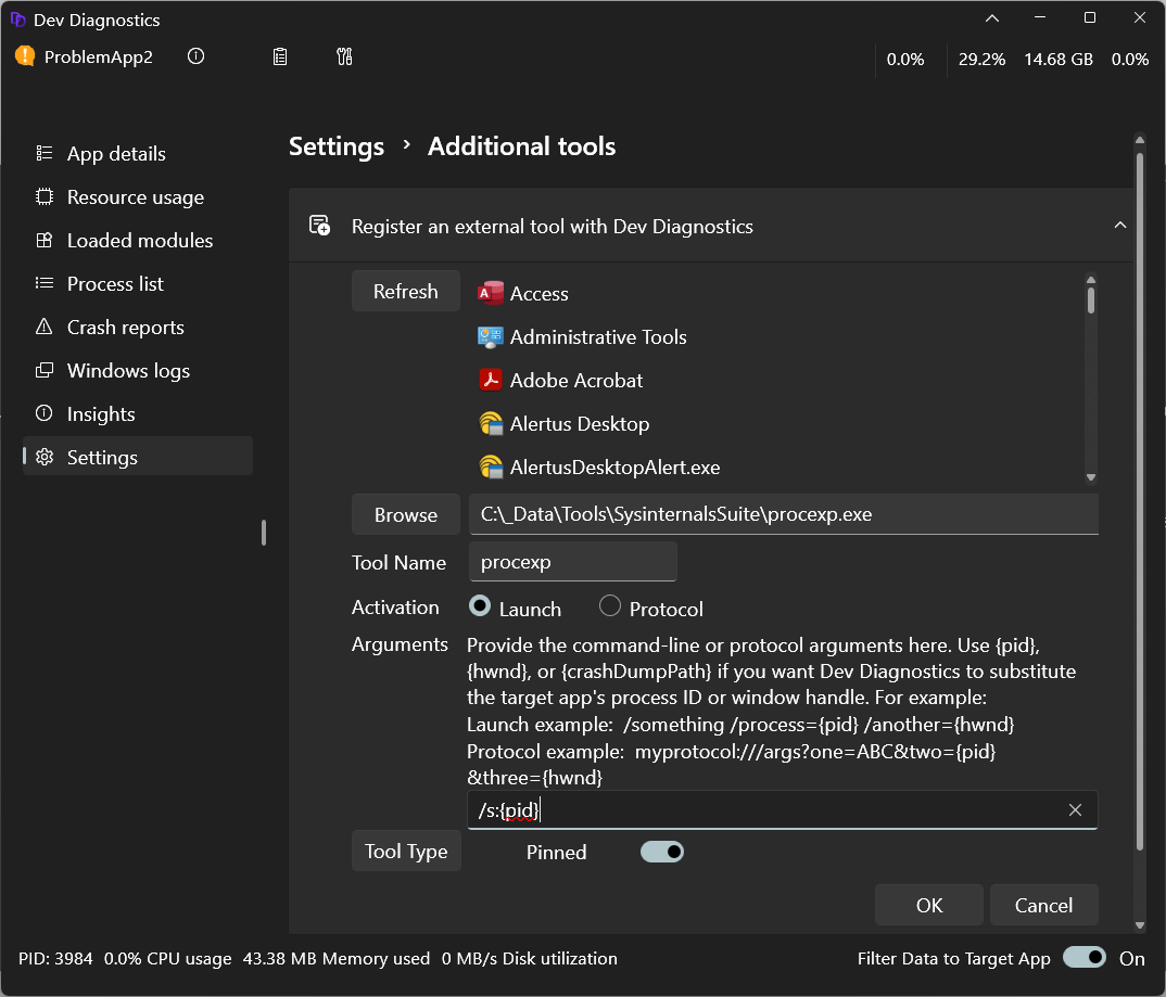 Captura de pantalla de Inicio para desarrolladores página Configuración de diagnóstico de desarrollo.