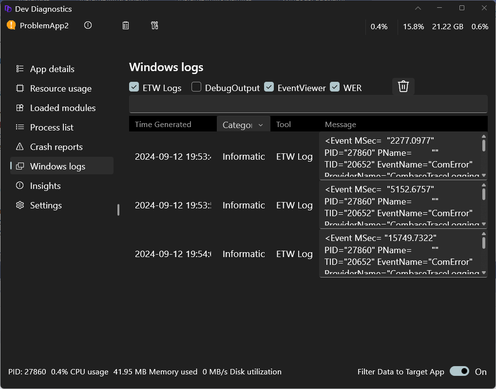 Captura de pantalla de Inicio para desarrolladores página de registros de Windows de diagnóstico de desarrollo.