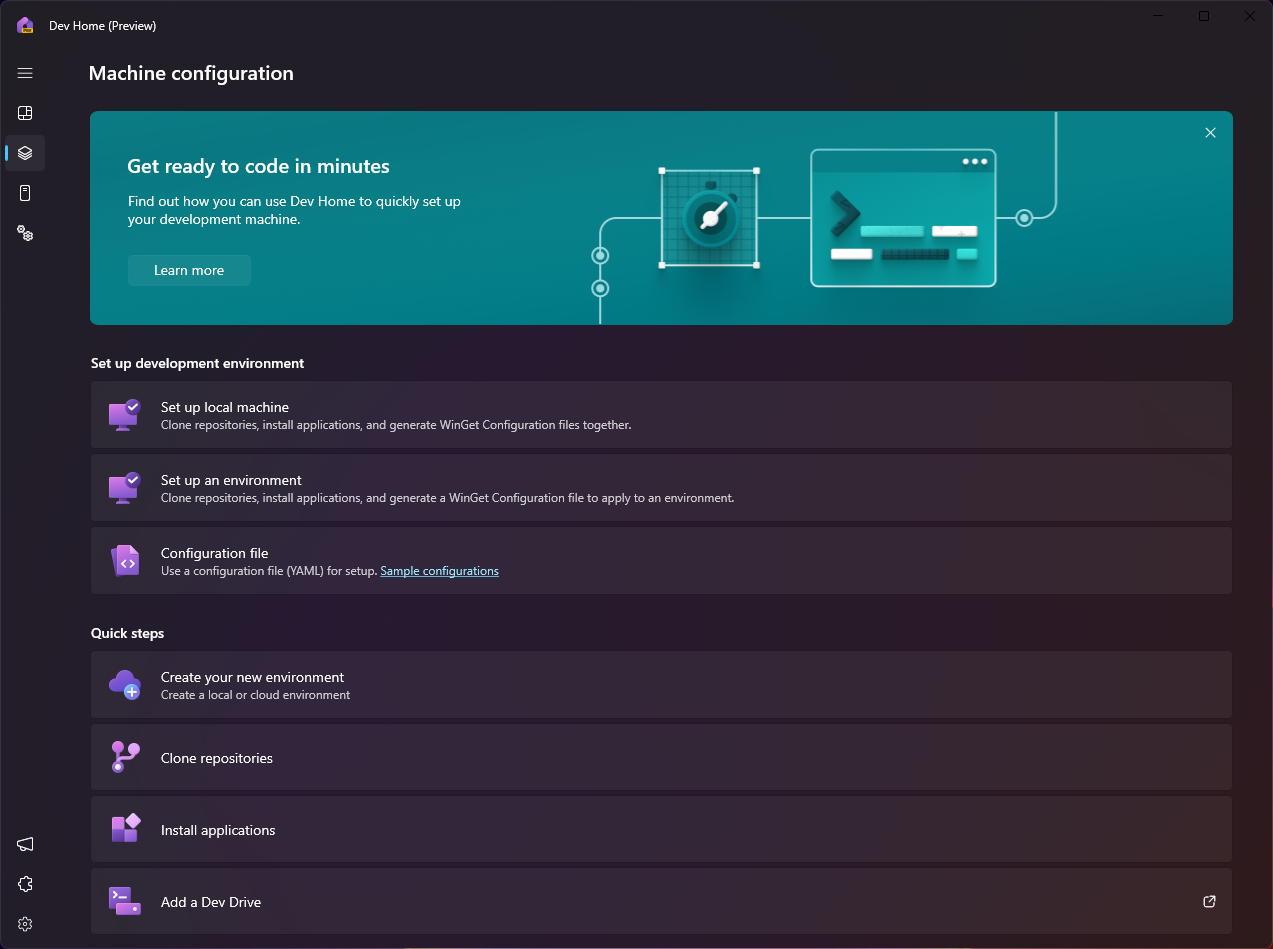 Captura de pantalla de la herramienta Configuración de la máquina de Inicio para desarrolladores.
