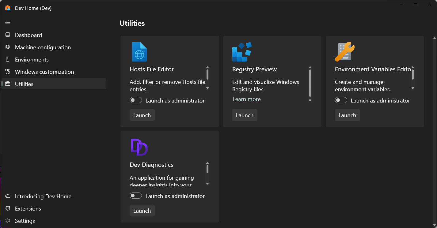 Captura de pantalla del menú Utilidades de Inicio para desarrolladores que muestra Diagnósticos de desarrollo.