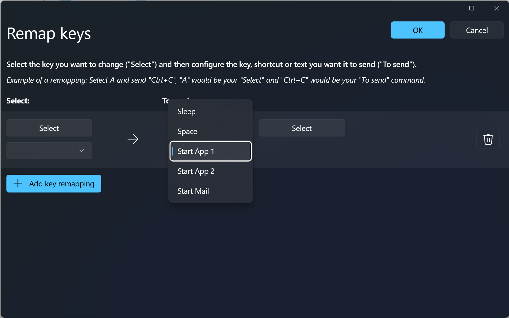 Lista de teclas de PowerToysKeyboard Manager