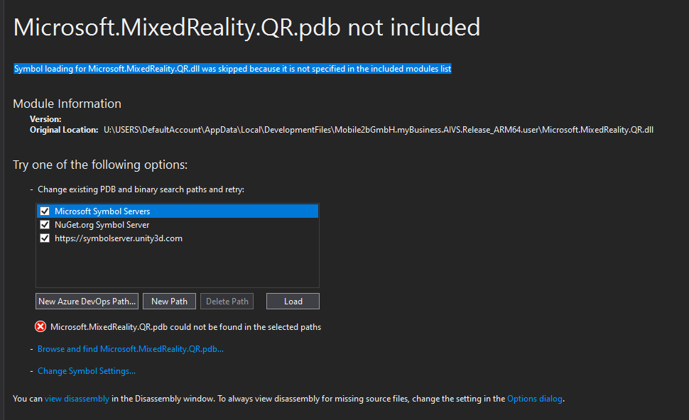 Mensaje de error Microsoft.MixedReality.QR.pdb no encontrado