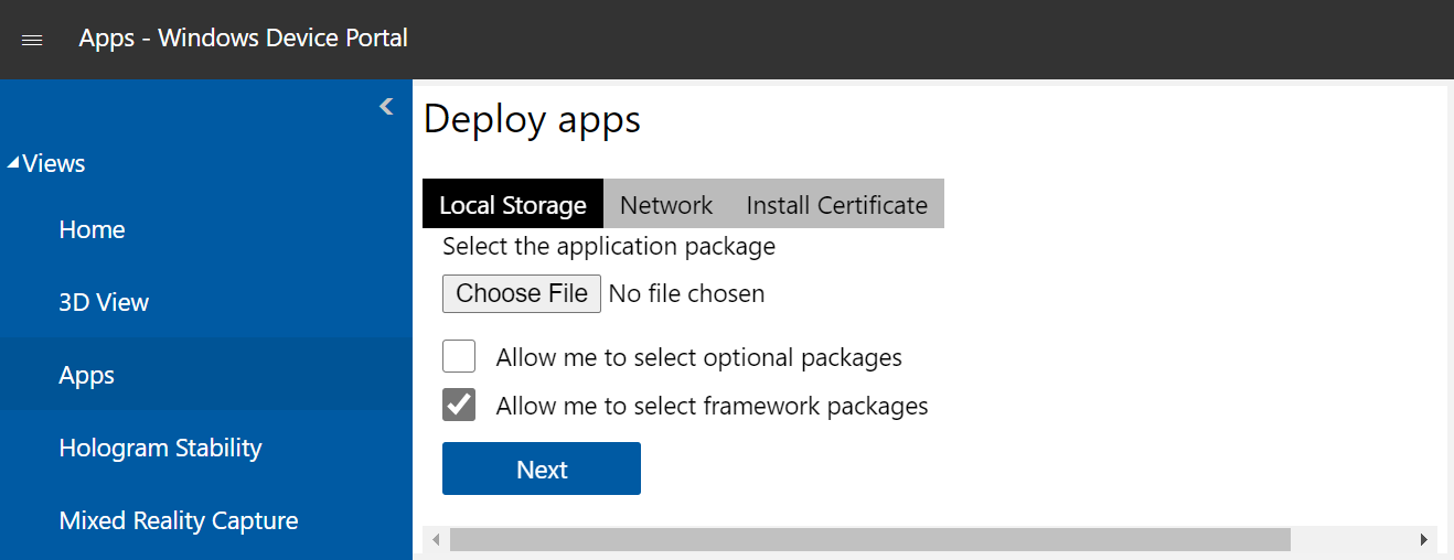 Screenshot of the Apps manager page open in the Windows Device Portal with Local Storage tab highlighted