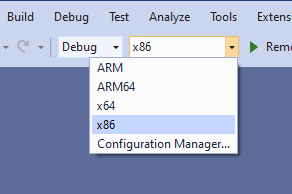 Selección de una configuración de compilación x86 en Visual Studio