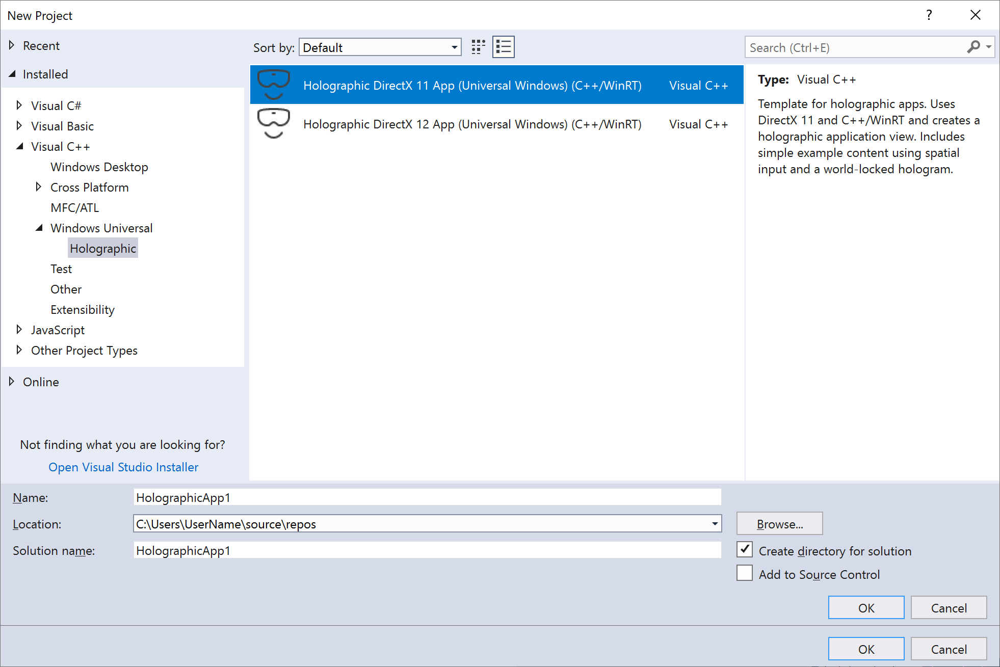 Captura de pantalla de la plantilla de proyecto de aplicación para UWP de Holographic DirectX 11 C++/WinRT en Visual Studio 2017