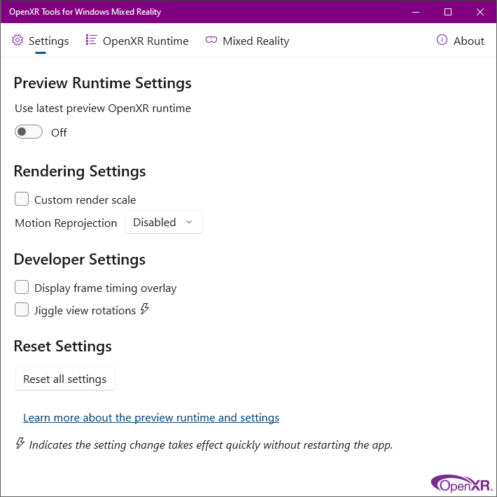 Pestaña OpenXR Tools for Windows Mixed Reality app Settings (Herramientas de OpenXR para Windows Mixed Reality configuración de la aplicación)