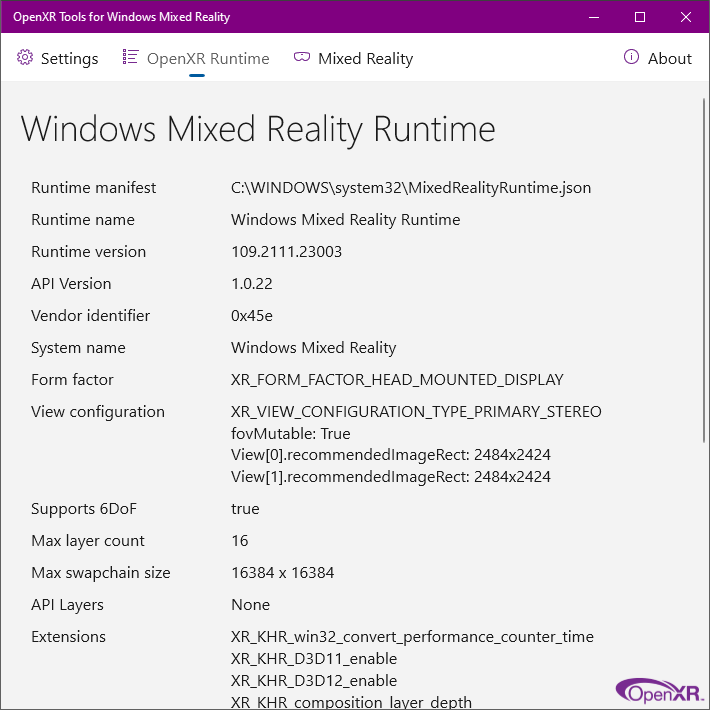 Herramientas de OpenXR para Windows Mixed Reality pestaña OpenXR Runtime (Tiempo de ejecución de OpenXR)